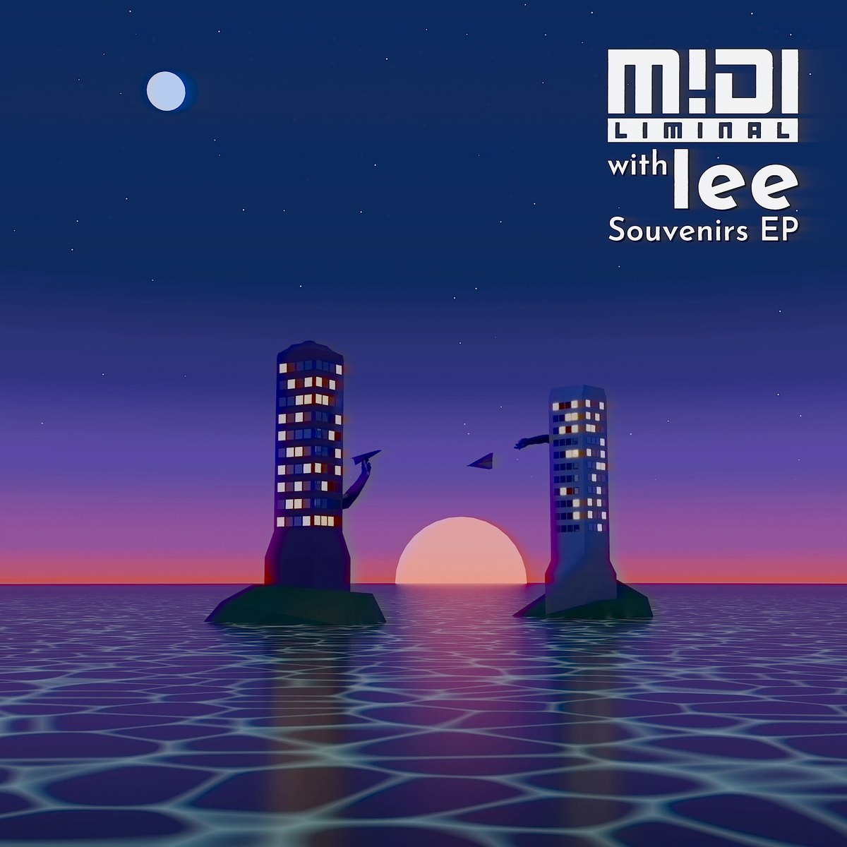 Souvenirs EP cover: two towers on islands at dusk, a moon, a sun on the horizon